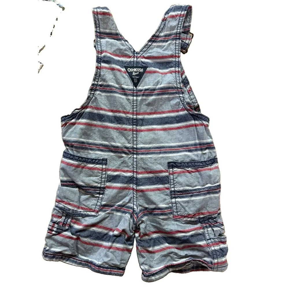 OshKosh B'gosh Boys Gray/Blue/Red Striped Sleeveless Button Shortalls 2T